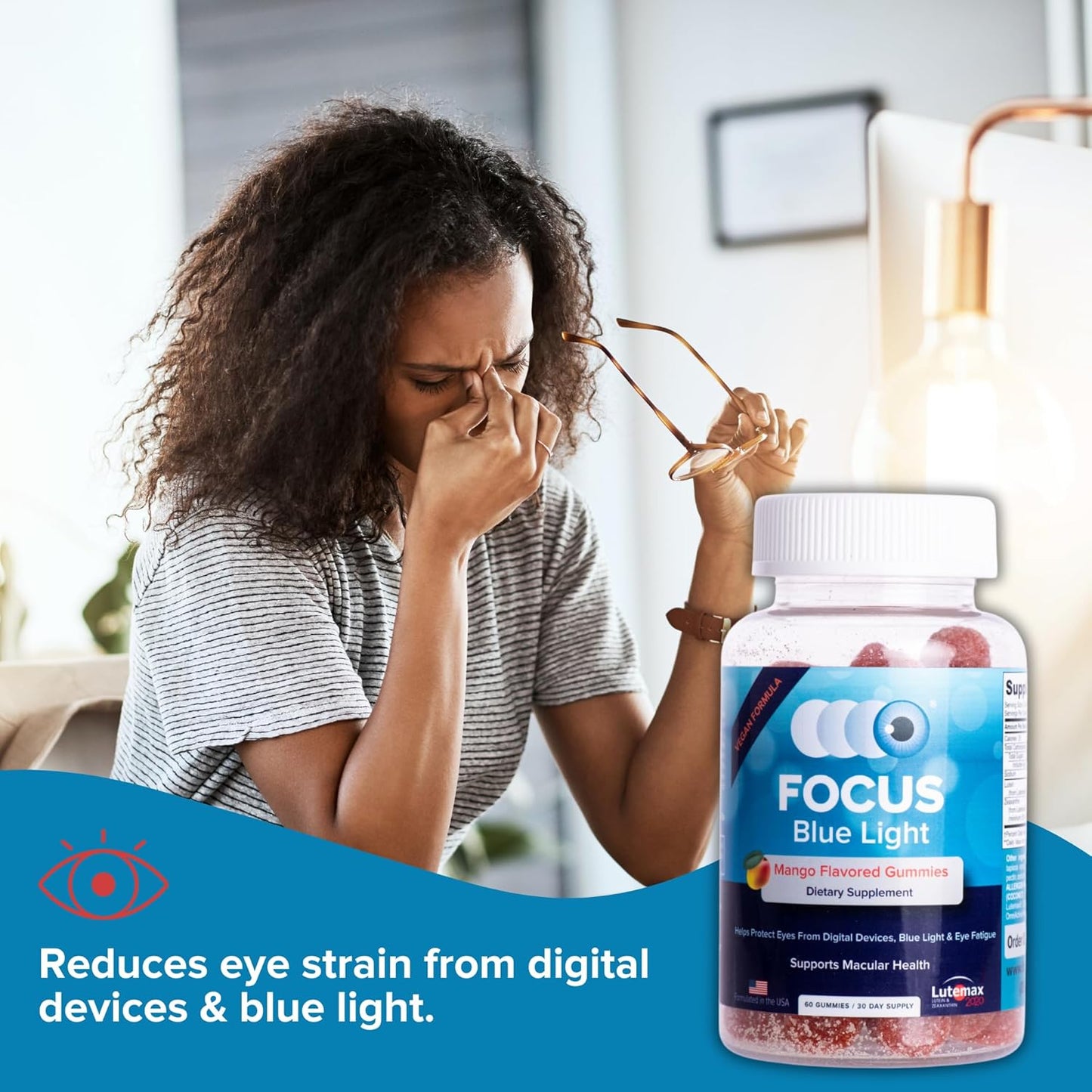 Focus Blue Light Supplement | Lutein and Zeaxanthin Supplement for Eye Health and Blue Light Protection | 60 Count Mango Flavored Gummy, 30 Day Supply | Reduces Eye Strain from Digital Devices