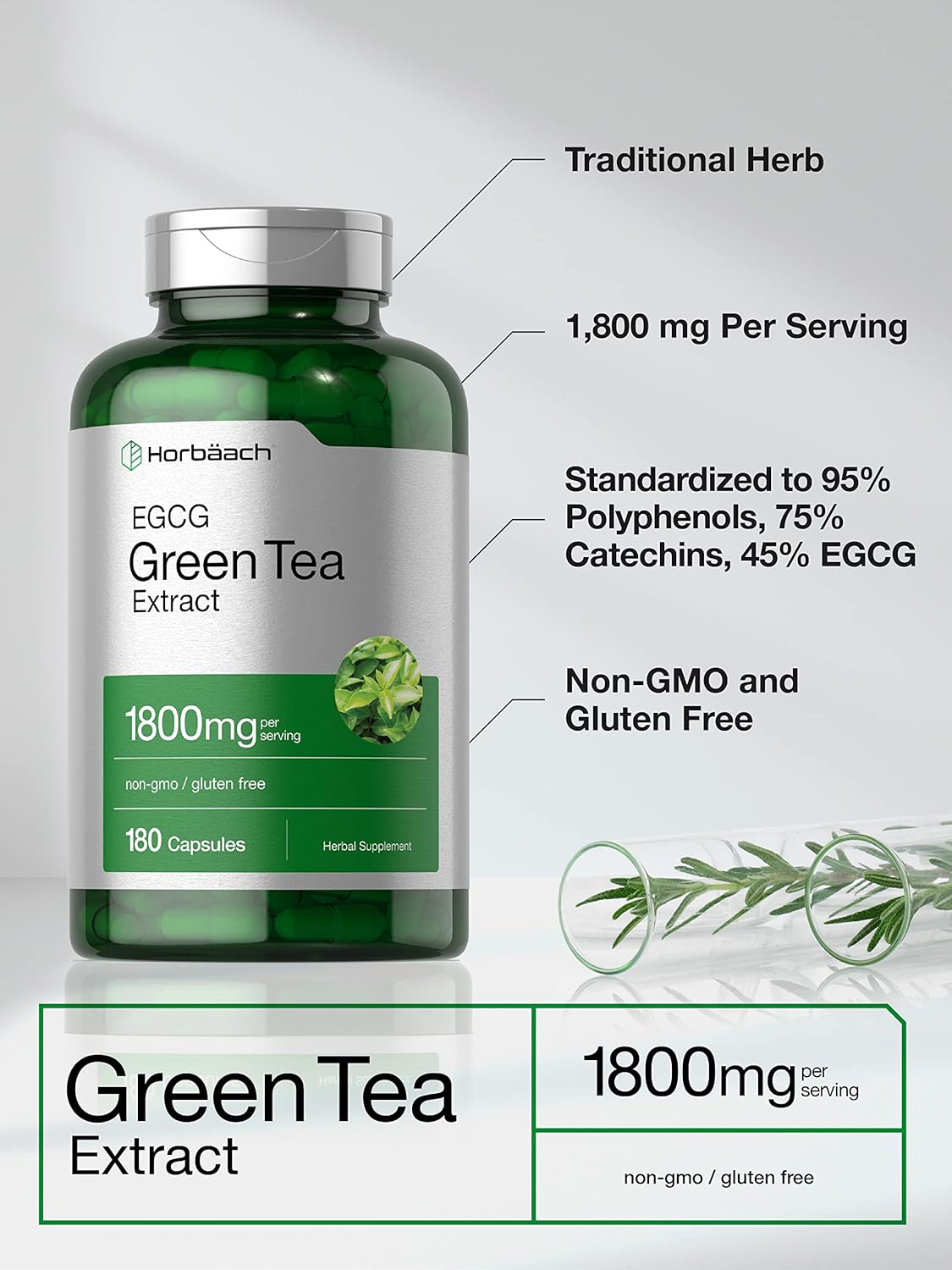 EGCG Green Tea Extract Pills | 180 Capsules | Max Potency | Non-GMO & Gluten Free Supplement | by Horbaach