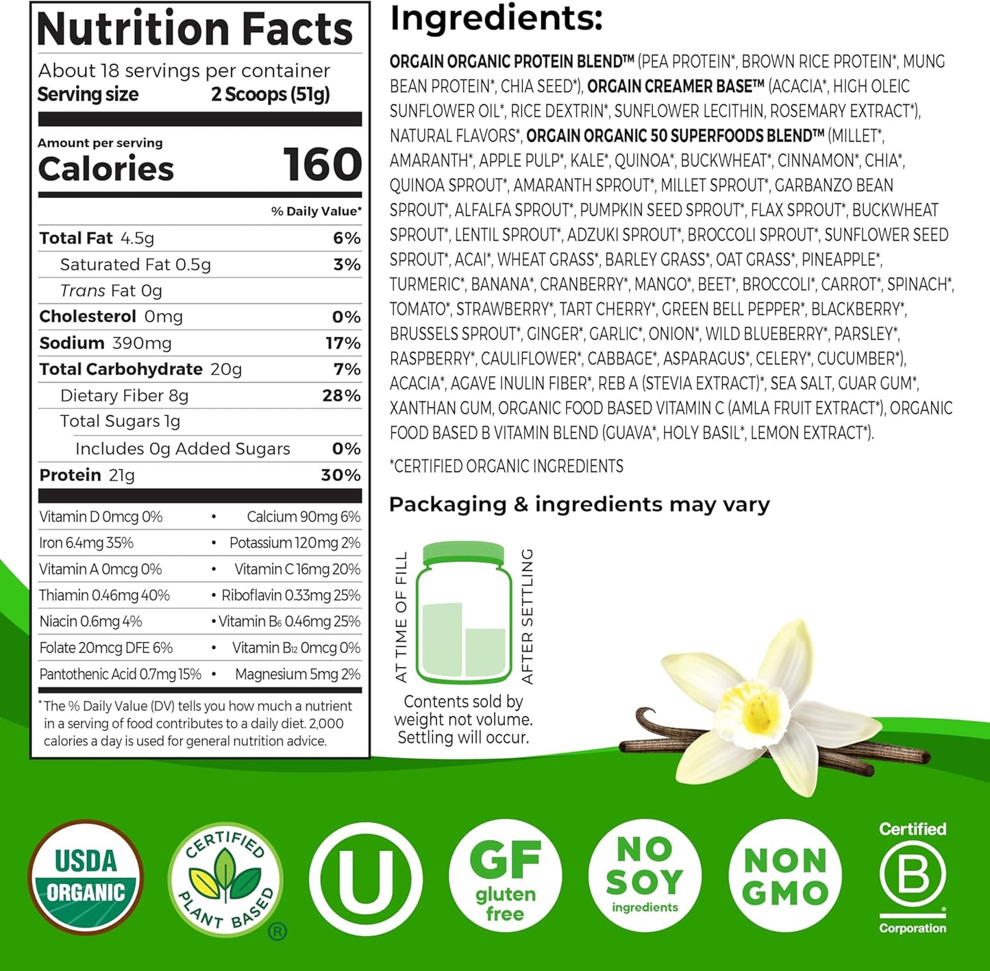 Orgain Organic Vegan Protein Powder + 50 Superfoods, Vanilla Bean - 21g Plant Based Protein, Gluten Free, Dairy Free, Lactose Free, Soy Free, No Sugar Added, Kosher, With B Vitamins - 2.02lb