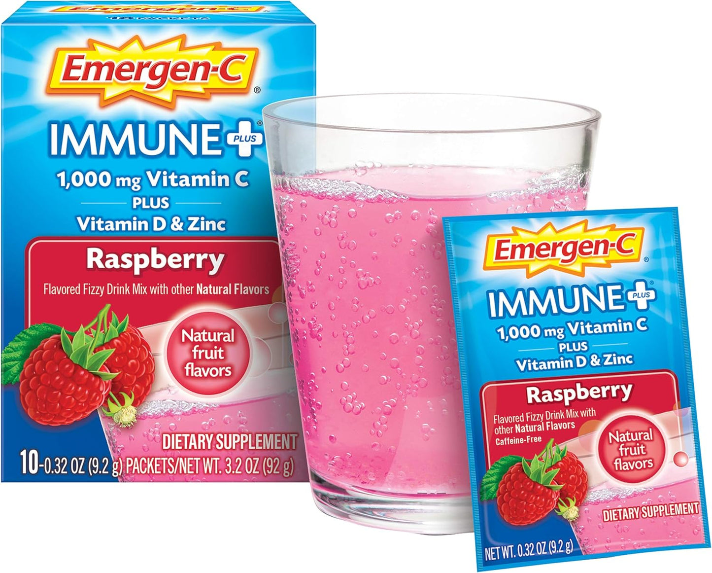 Emergen-C Immune+ Vitamin C 1000mg Powder, Plus Vitamin D And Zinc (Raspberry Flavor), Immune Support Dietary Supplement - 0.32 Ounce