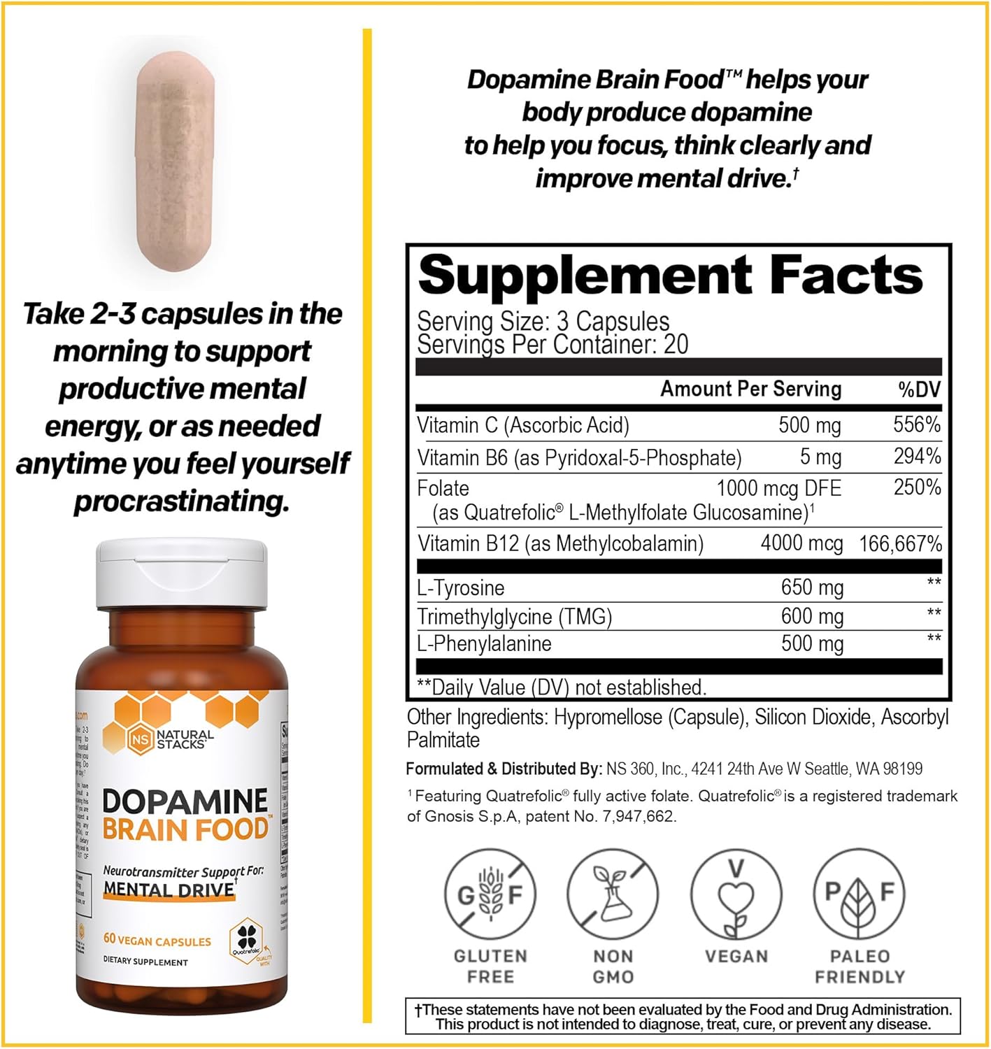 NATURAL STACKS Dopamine Focus Supplement & Memory Supplement for Brain w/ L-Tyrosine - Promotes Mental Drive, Clarity & Focus - Natural Dopamine Supplements & Mood Support Supplement, 60 Vegan Capsule