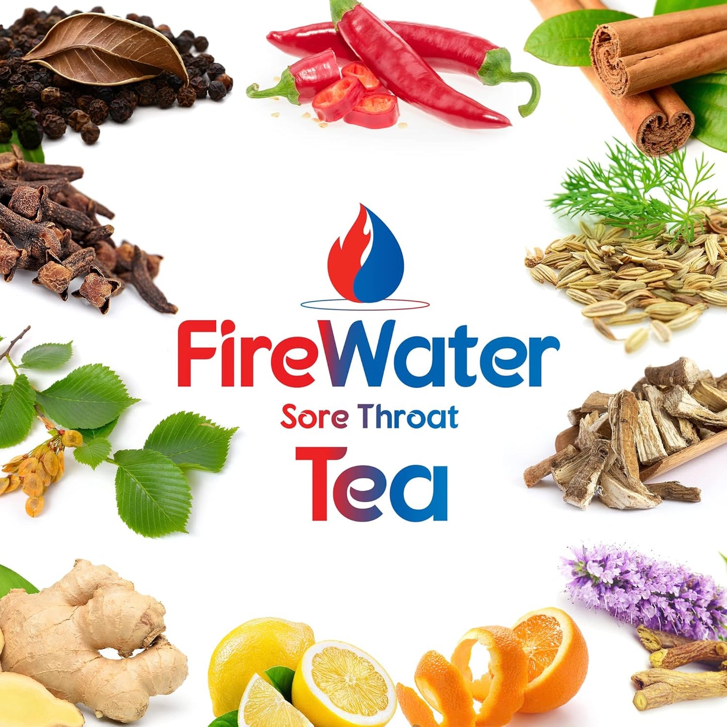 FireWater Sore Throat Tea - Organic Caffeine Free Herbal Tea, Relieves Sore Throats, Chronic Cough, Mucus, Sinus Congestion, Spicy Citrus and Cinnamon. - 20 Sachets