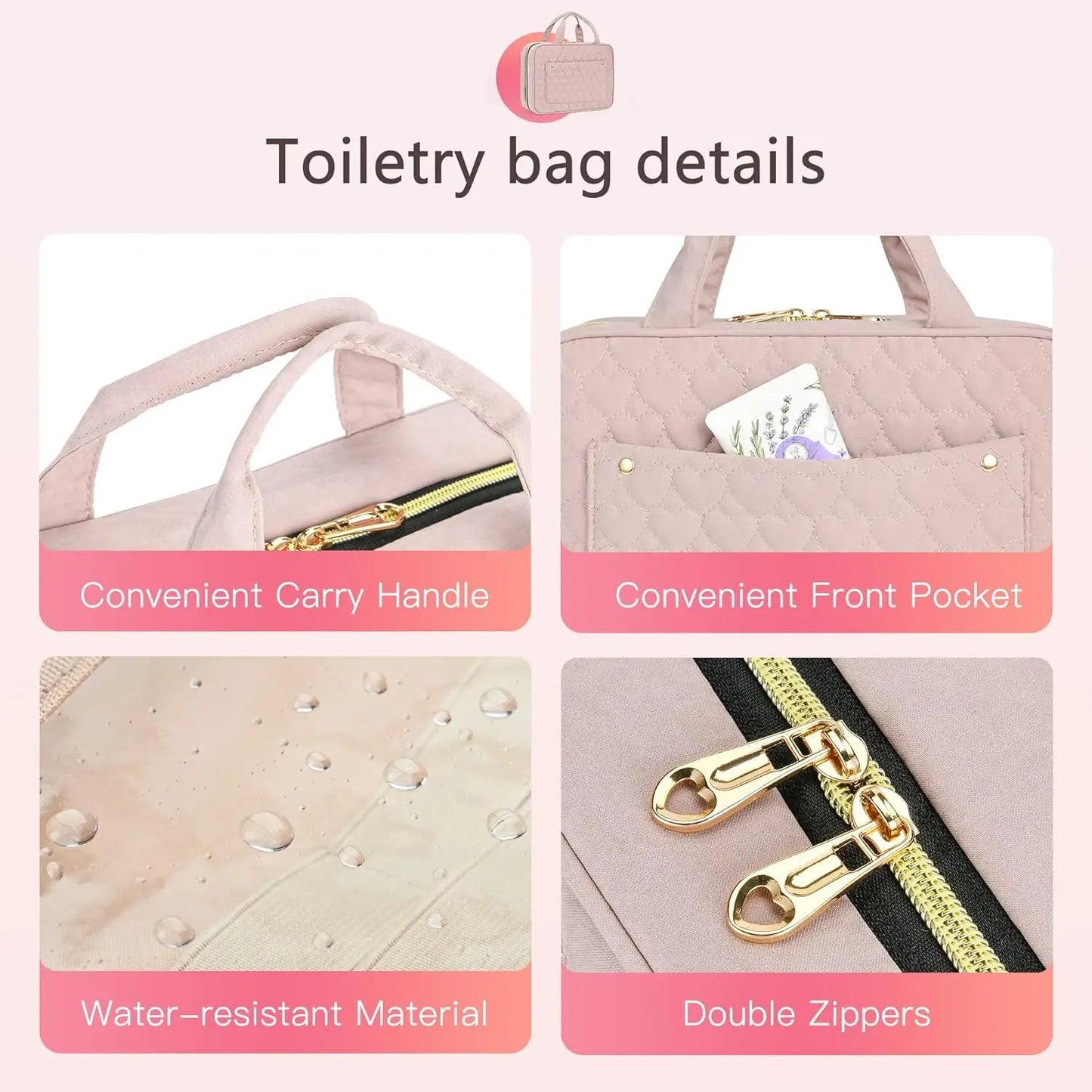 Travel Toiletry Bag, Large Travel Makeup Bag For Women, Water-Resistant Hanging Cosmetic Bags With Elastic Band Holders, Suitable For Travel Size Toiletries-Pink Vitamins Depots