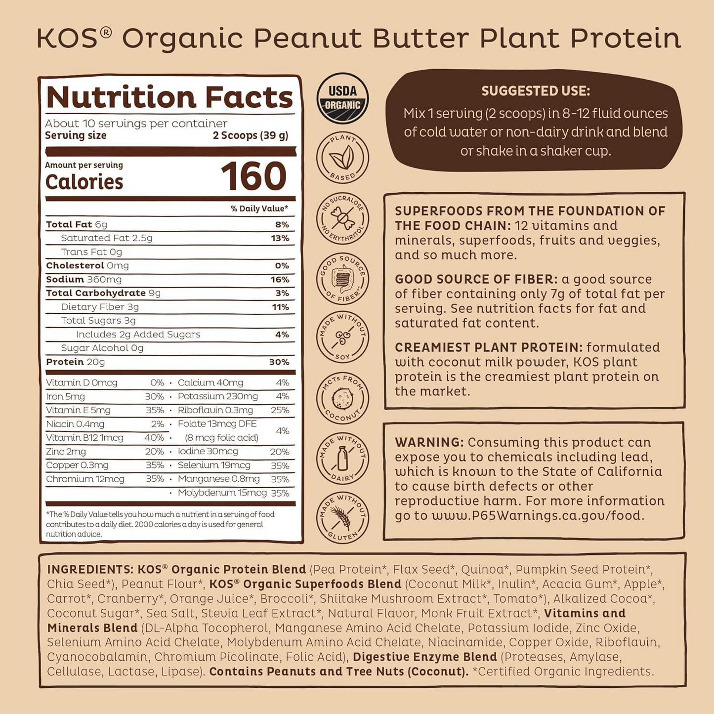 KOS Vegan Protein Powder, Chocolate USDA Organic - Low Carb Pea Protein Blend, Plant Based Superfood with Vitamins & Minerals - Keto, Soy, Gluten Free - Meal Replacement for Women & Men - 10 Servings