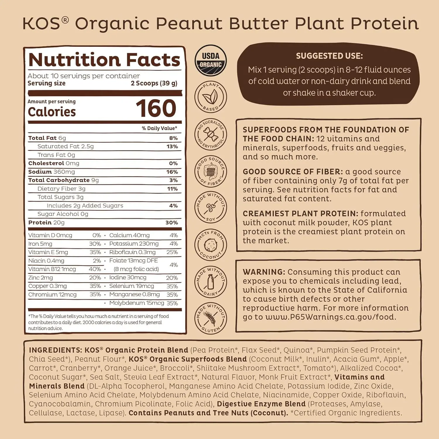 KOS Vegan Protein Powder, Chocolate USDA Organic - Low Carb Pea Protein Blend, Plant Based Superfood with Vitamins & Minerals - Keto, Soy, Gluten Free - Meal Replacement for Women & Men - 10 Servings Vitamins Depots