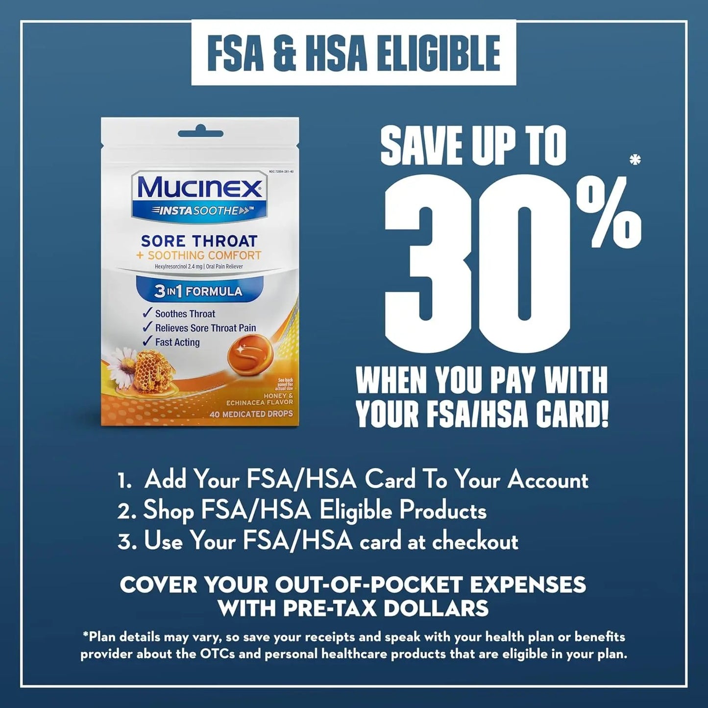 Mucinex InstaSoothe Sore Throat + Soothing Comfort Honey & Echinacea Flavor, Fast Acting, Powerful Sore Throat Oral Pain Reliever, 40 Medicated Drops Mucinex