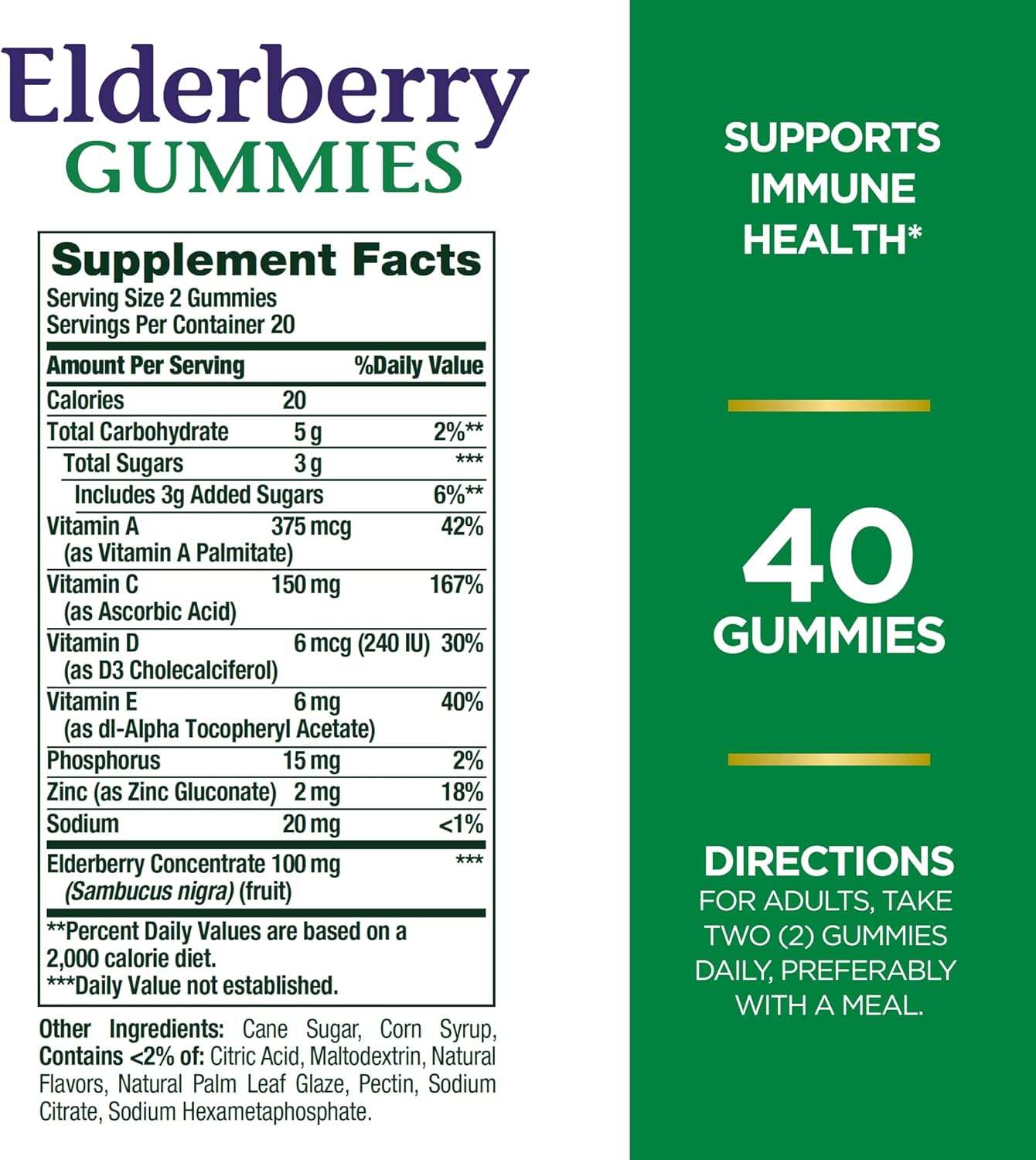 Nature's Bounty Elderberry Gummies, Immune Support, Contains Vitamin A, C, D, E and Zinc, 40 Gummies Nature's Bounty