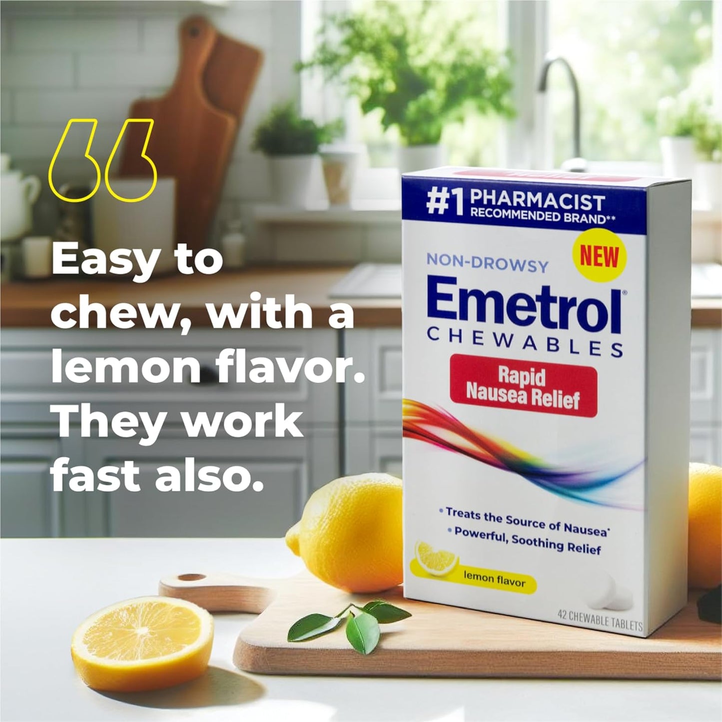 Emetrol Chewables for Rapid Nausea Relief, Pharmacist-Recommended and Non-Drowsy, Lemon Flavor, 42 Tablets