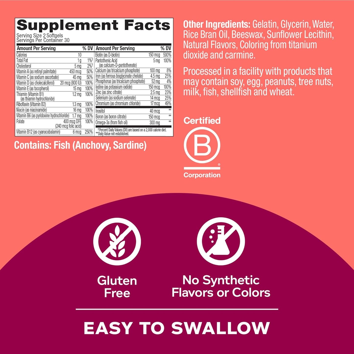 Olly Ultra Women's Multi Softgels, Overall Health and Immune Support, Omega-3s, Iron, Vitamins A, D, C, E, B12, Daily Multivitamin, 30 Day Supply - 60 Count