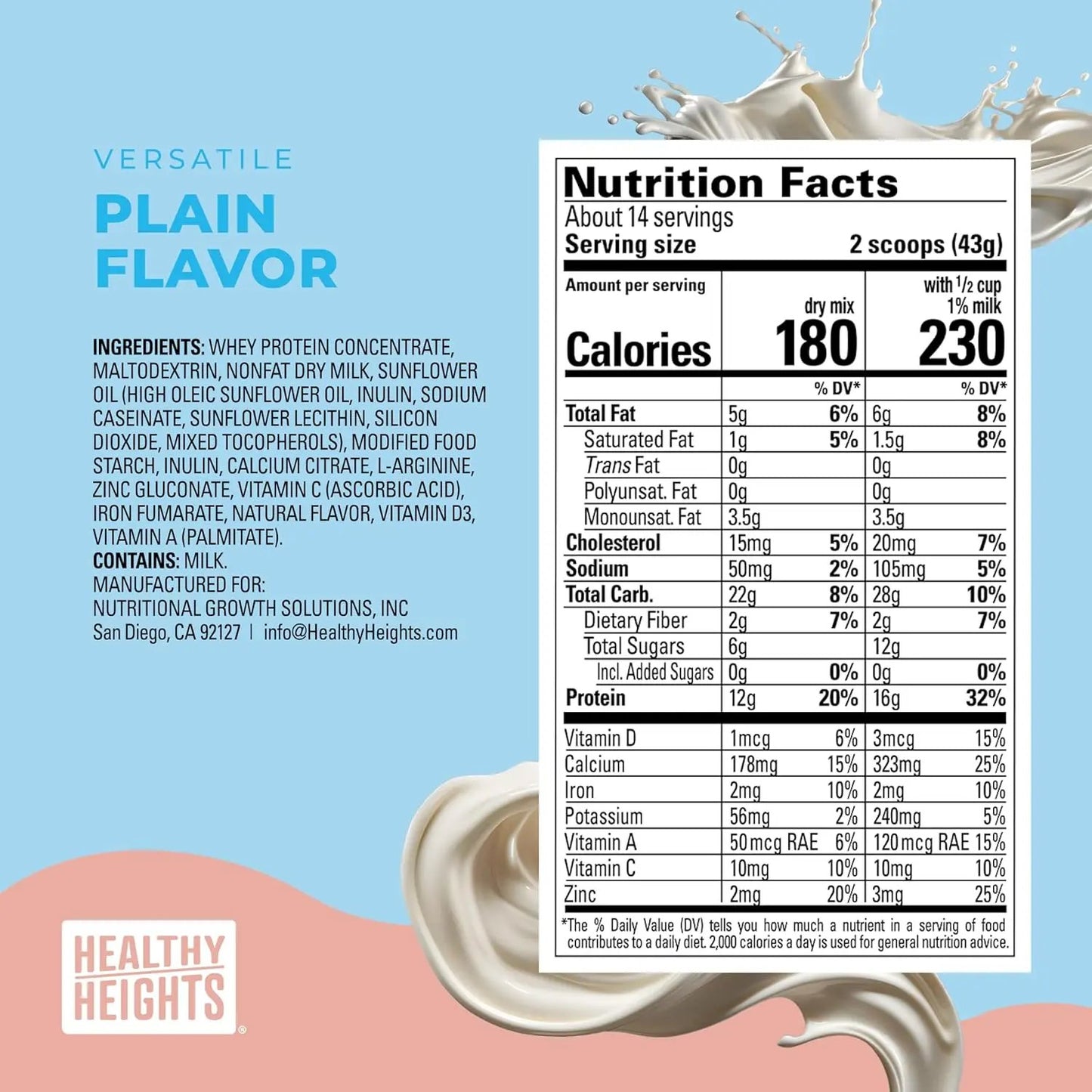 Healthy Height Grow Daily 3 Protein Powder (Plain) - Developed by Pediatricians - High in Protein Nutritional Shake - Contains Key Vitamins & Minerals Healthy Heights