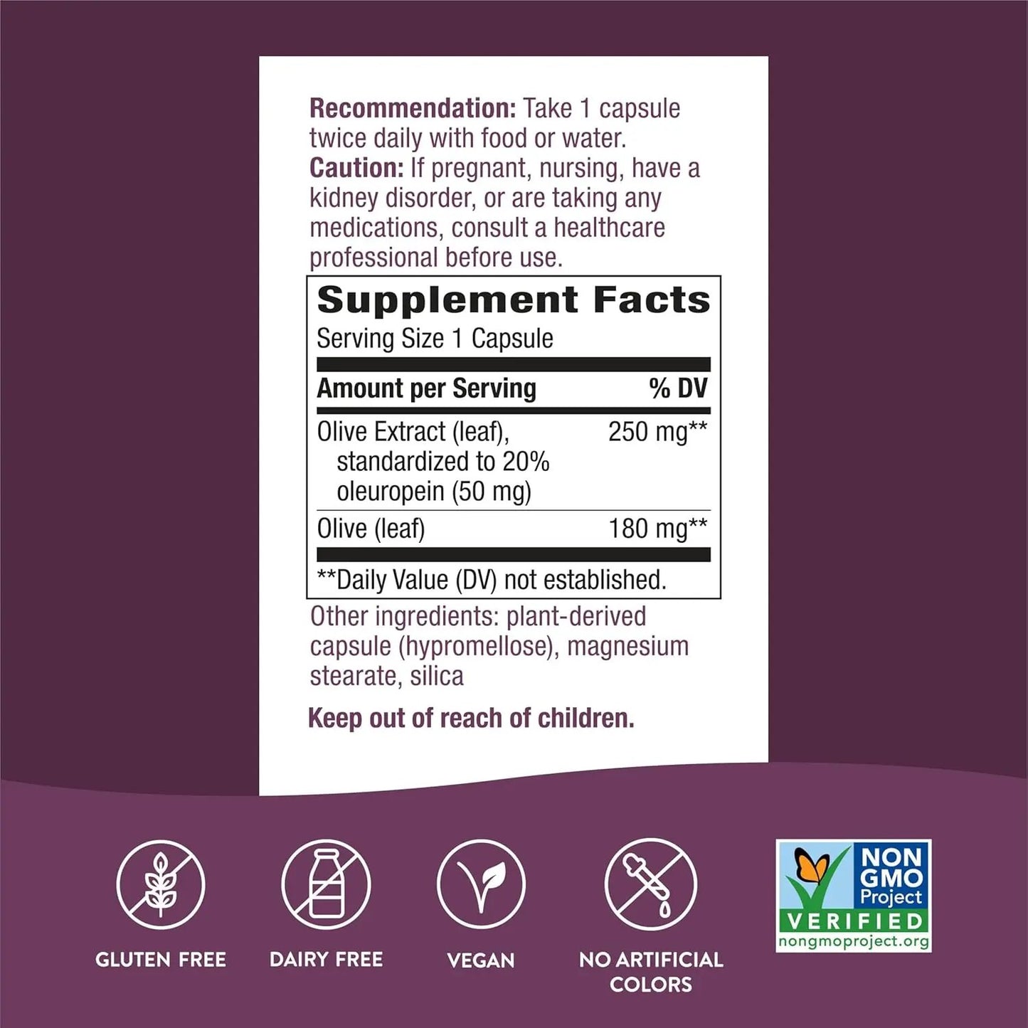 Nature's Way Premium Extract Standardized Olive Leaf 20% Oleuropein, 250 mg per serving, 60 VCaps Nature's Way