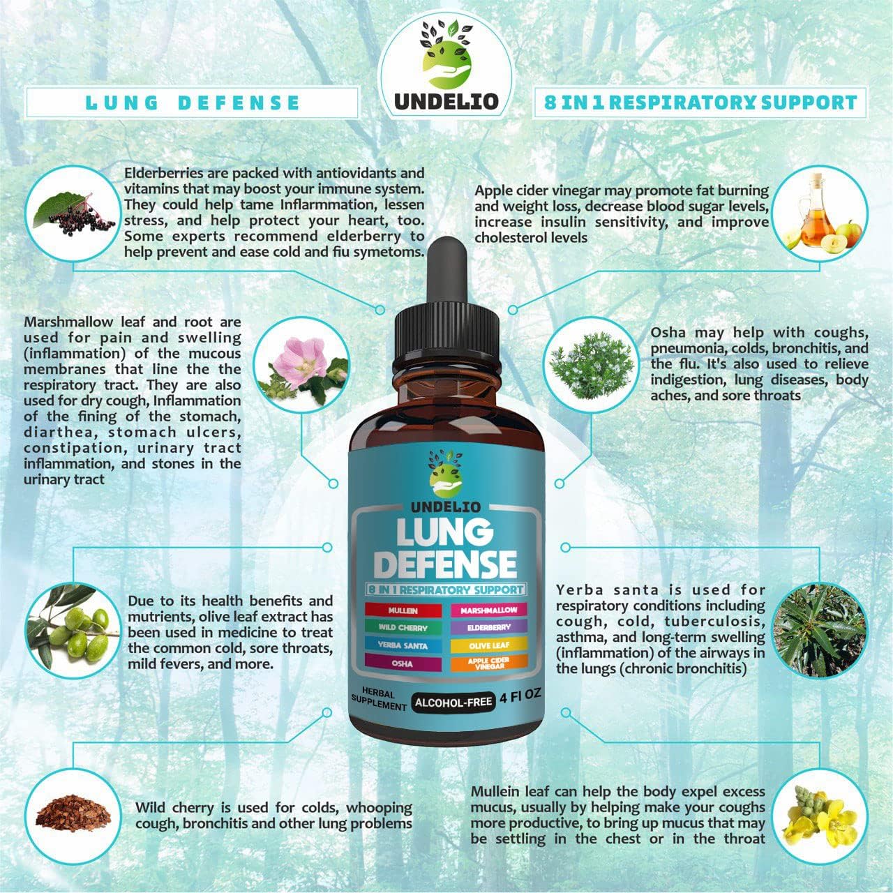 LUNG DEFENSE Herbal Extract - 8 in 1 Blend (Mullein, Marshmallow, OSHA, Wild Cherry, Elderberry, Yerba Santa, Olive Leaf, ACV) Lung Cleanse - Respiratory & Immune System support