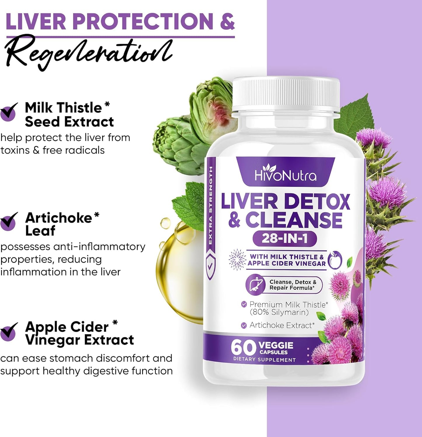 HivoNutra 28-in-1 Liver Cleanse Detox & Repair Fatty Liver Formula - Milk Thistle Silymarin, Artichoke Extract, Dandelion & Apple Cider Vinegar - Liver Health Supplement Support Pills - Vegan Capsules