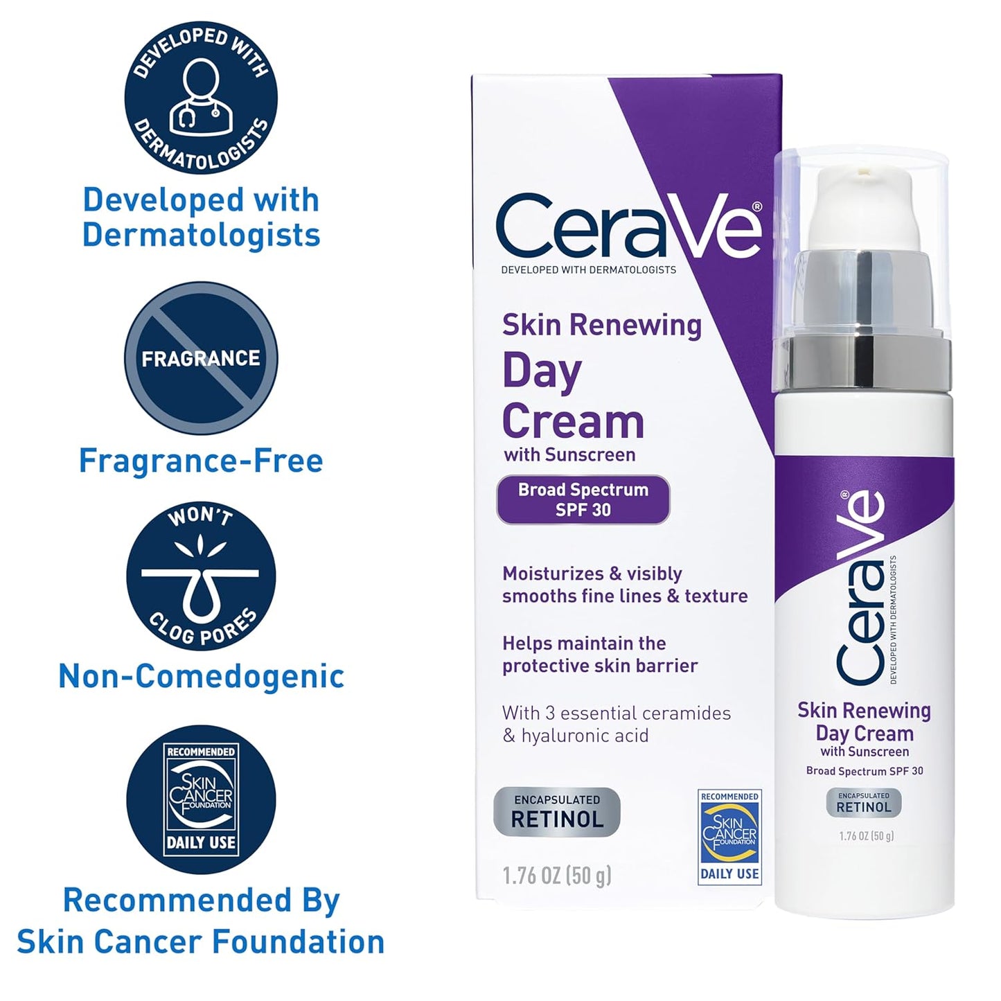 Cerave Anti Aging Face Cream with SPF 30 Sunscreen | Anti Wrinkle Cream for Face with Retinol, SPF 30 Sunscreen, Hyaluronic Acid, and Ceramides | 1.76 Ounce