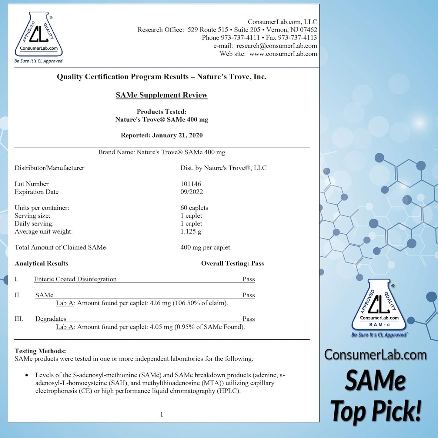 Nature's Trove SAM-e 400mg 30 Enteric Coated Caplets Nature's Trove