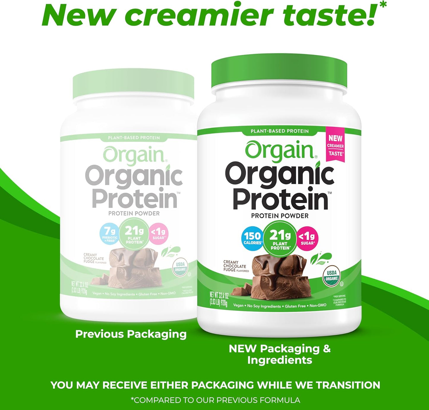 Orgain Organic Vegan Protein Powder, Creamy Chocolate Fudge - 21g of Plant Based Protein, Low Net Carbs, Non Dairy, Gluten Free, No Sugar Added, Soy Free, Kosher, Non-GMO, 2.03 Lb (Packaging May Vary)