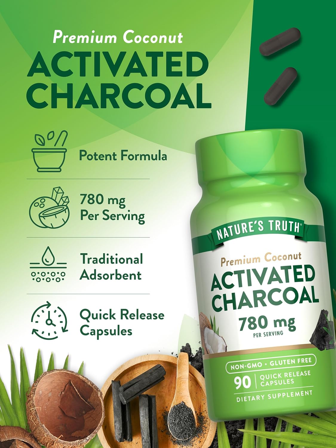Nature's Truth Activated Charcoal Capsules | 90 Count | Non-GMO & Gluten Free Supplement Nature's Truth