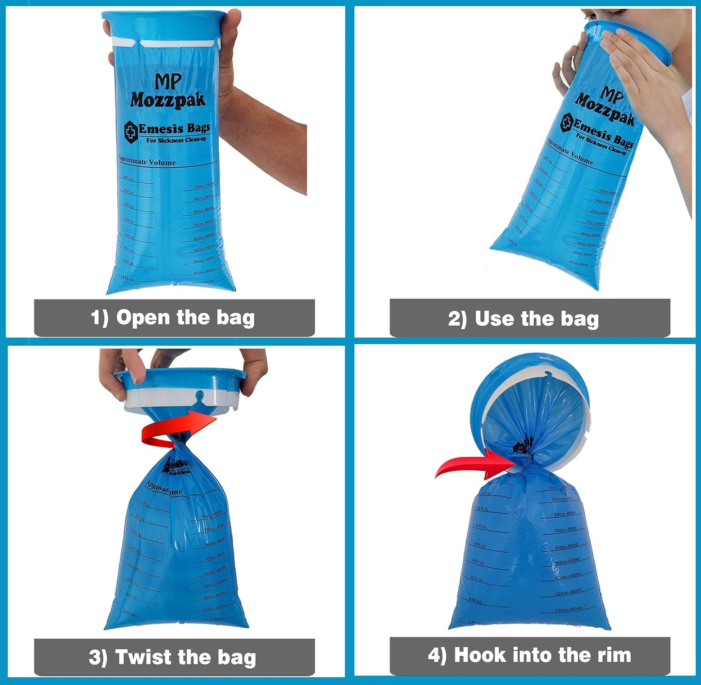 MP MOZZPAK Vomit Bags – 15 Pack – 1000ml Emesis Bags – Leak Resistant, Medical Grade, Portable, Disposable Barf, Puke, Throw Up, Nausea Bags for Travel Motion Sickness, Car & Aircraft, Kids, Taxi