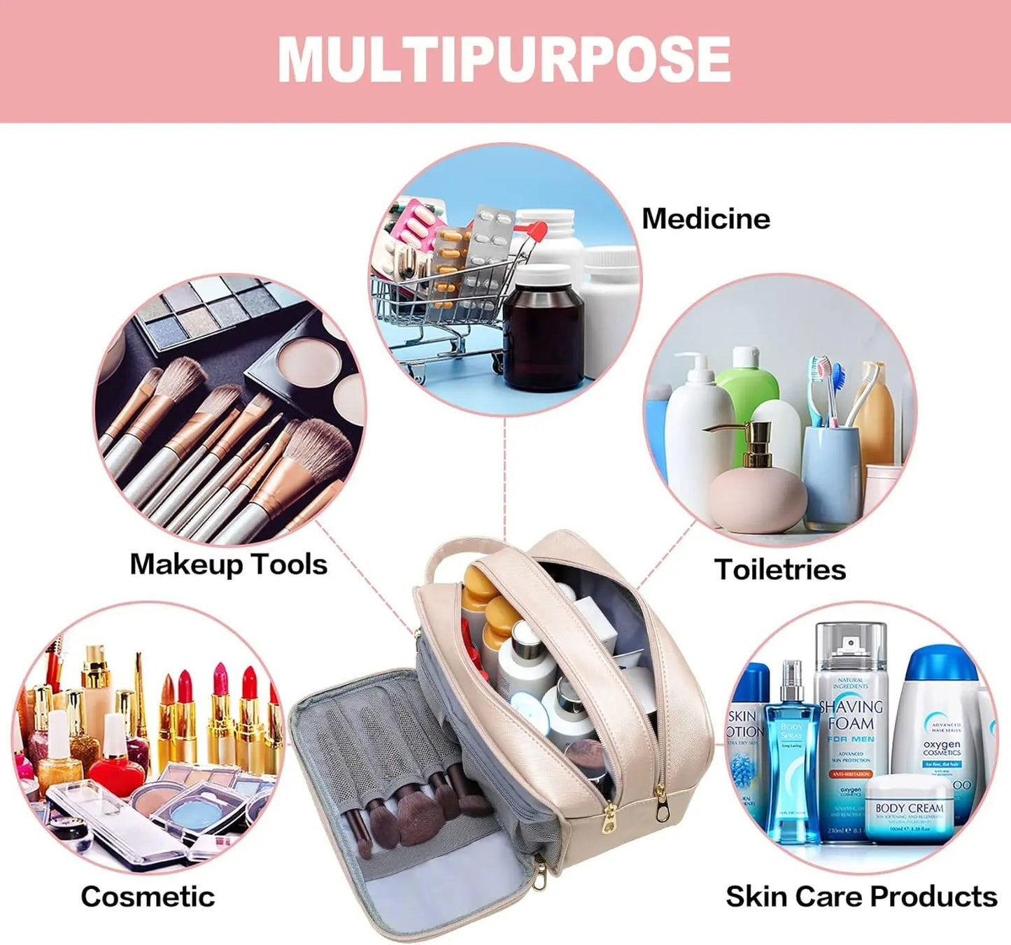 Travel-Essentials Toiletry Bag for Women, Water Resistant Makeup-Bag-For-Travel-Accessories, Dorm Room Essentials, Eco Leather Cosmetic Bag BAIMAY