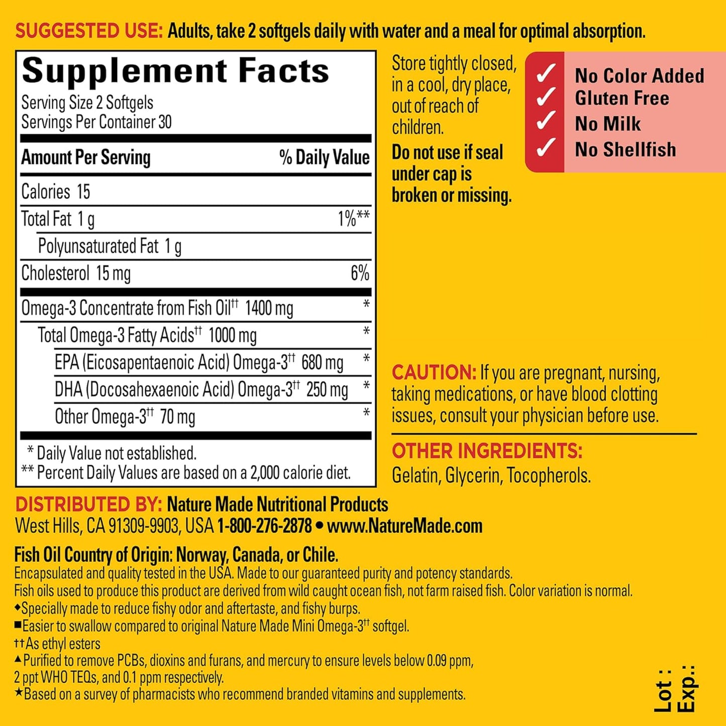 Nature Made Extra Strength Burp Less Omega 3 Fish Oil 1400 mg Minis, Fish Oil 60 Softgels