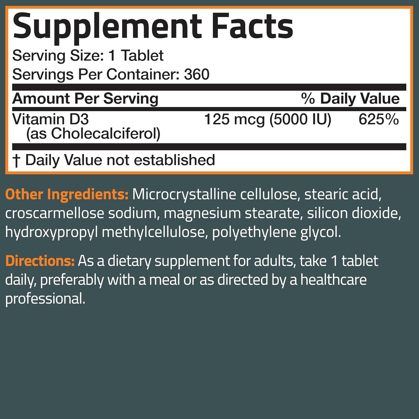Bronson Vitamin D3 5,000 IU (125 MCG) 1 Year Supply for Healthy Muscle Function and Immune Support, Non-GMO, 360 Tablets