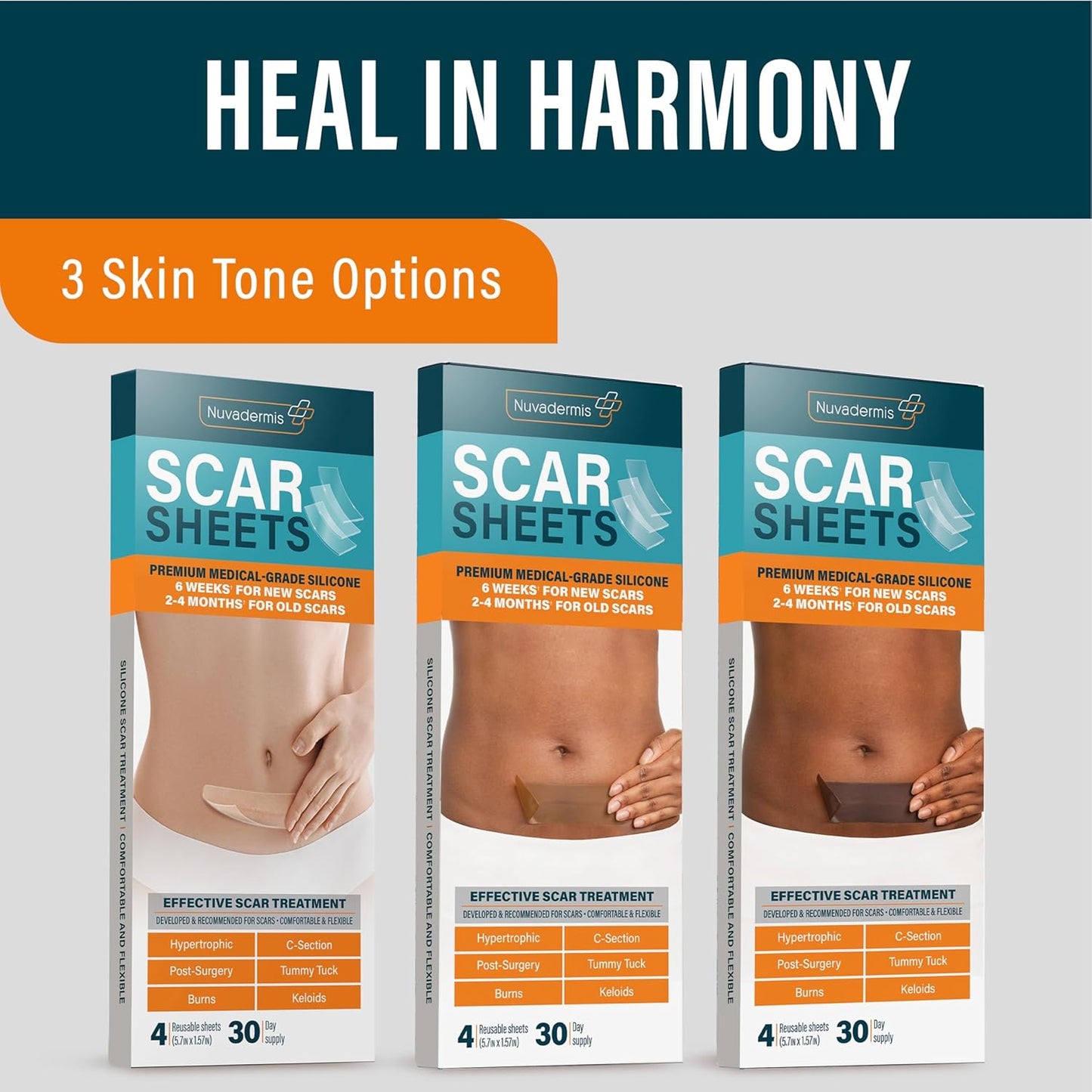 NUVADERMIS Silicone Scar Sheets - Extra Long Scar Sheets for C-Section, Tummy Tuck, Keloid, and Surgical Scars - Reusable Medical Grade Silicone Scar Sheets - Pack of 4 - Light Tone