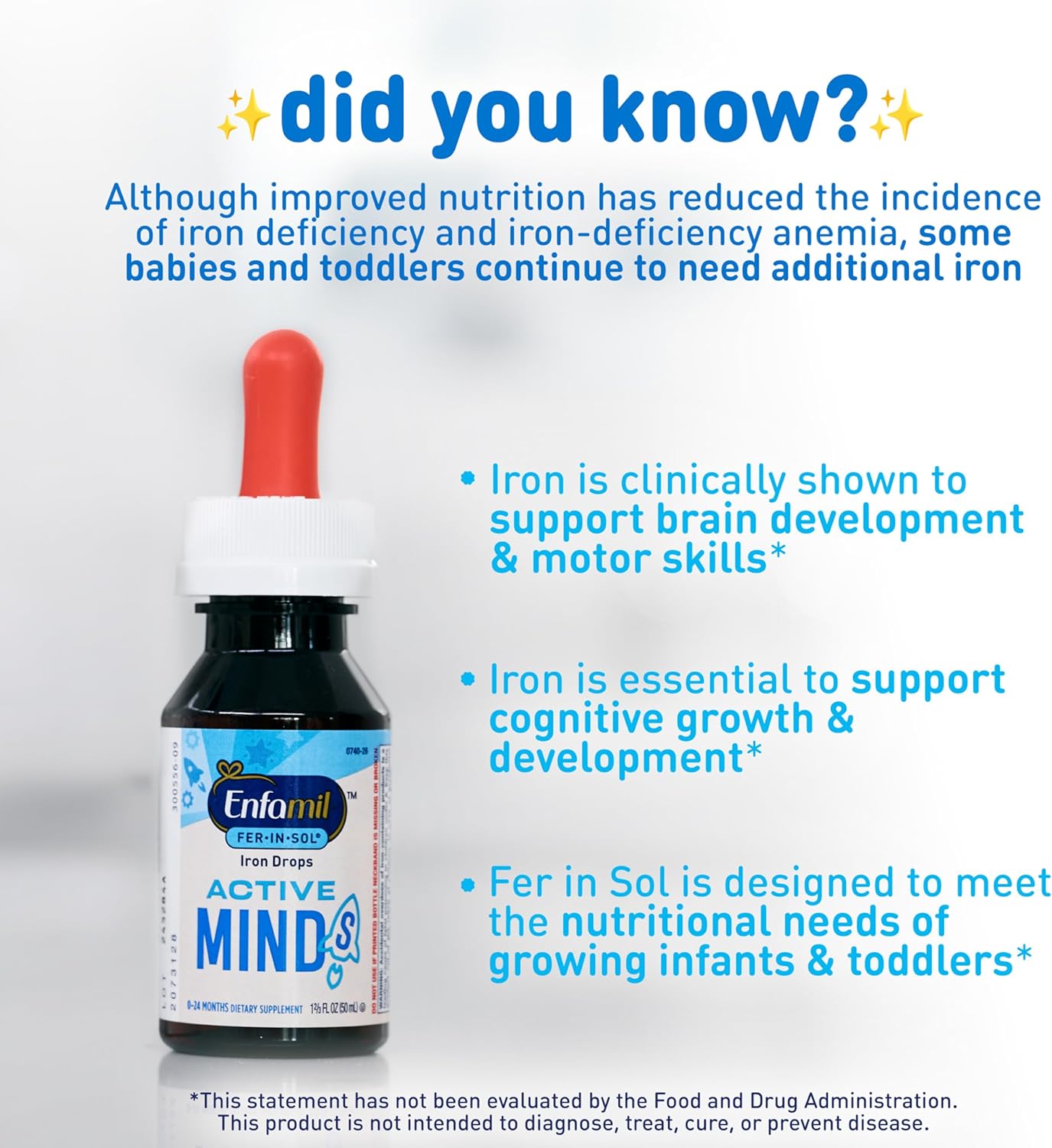 Enfamil Fer-In-Sol Iron Supplement Drops for Infants & Toddlers, Supports Brain Development, 50 mL Dropper Bottle