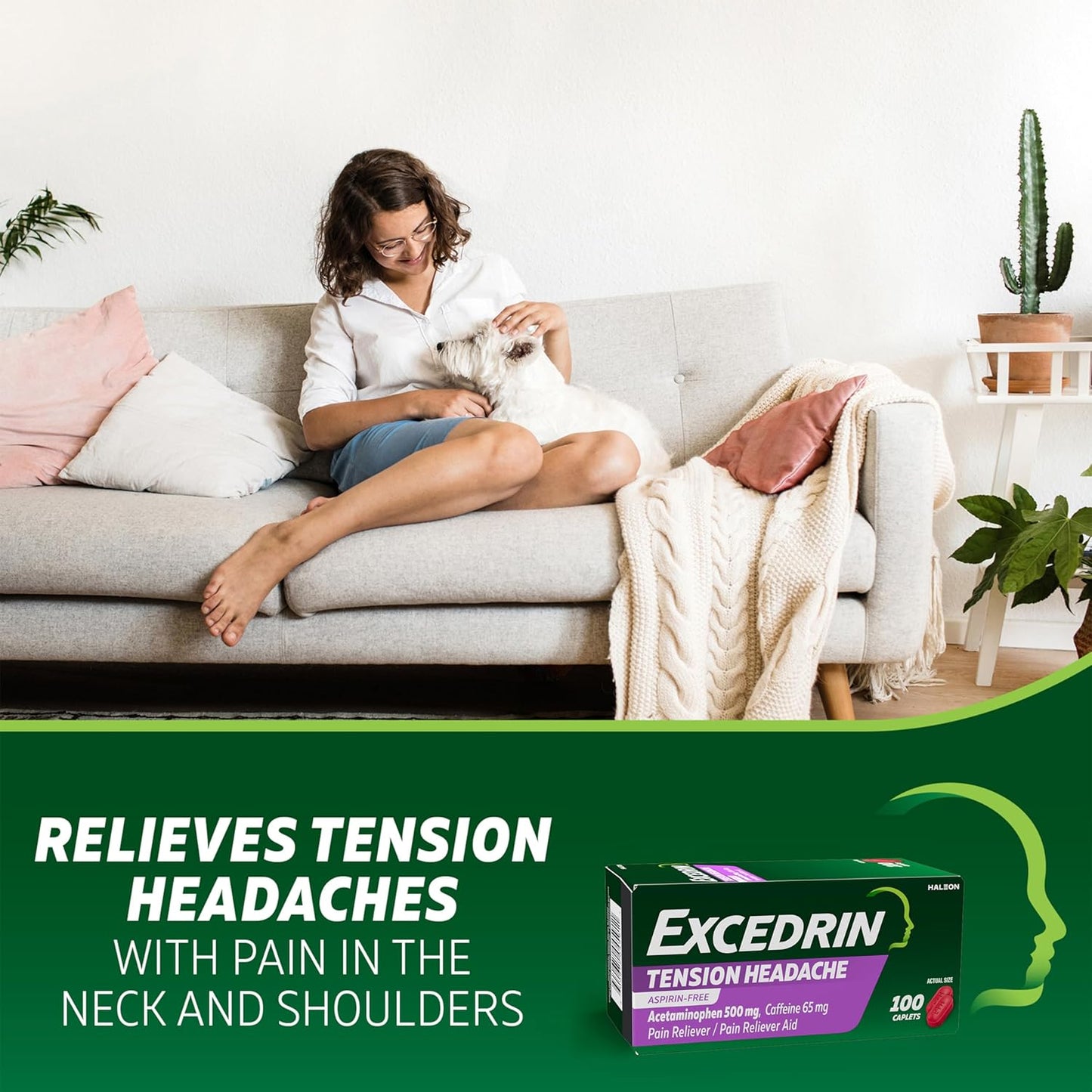 Excedrin Tension Headache Relief Caplets Without Aspirin for Head, Neck and Shoulder Pain Relief - 100 Count