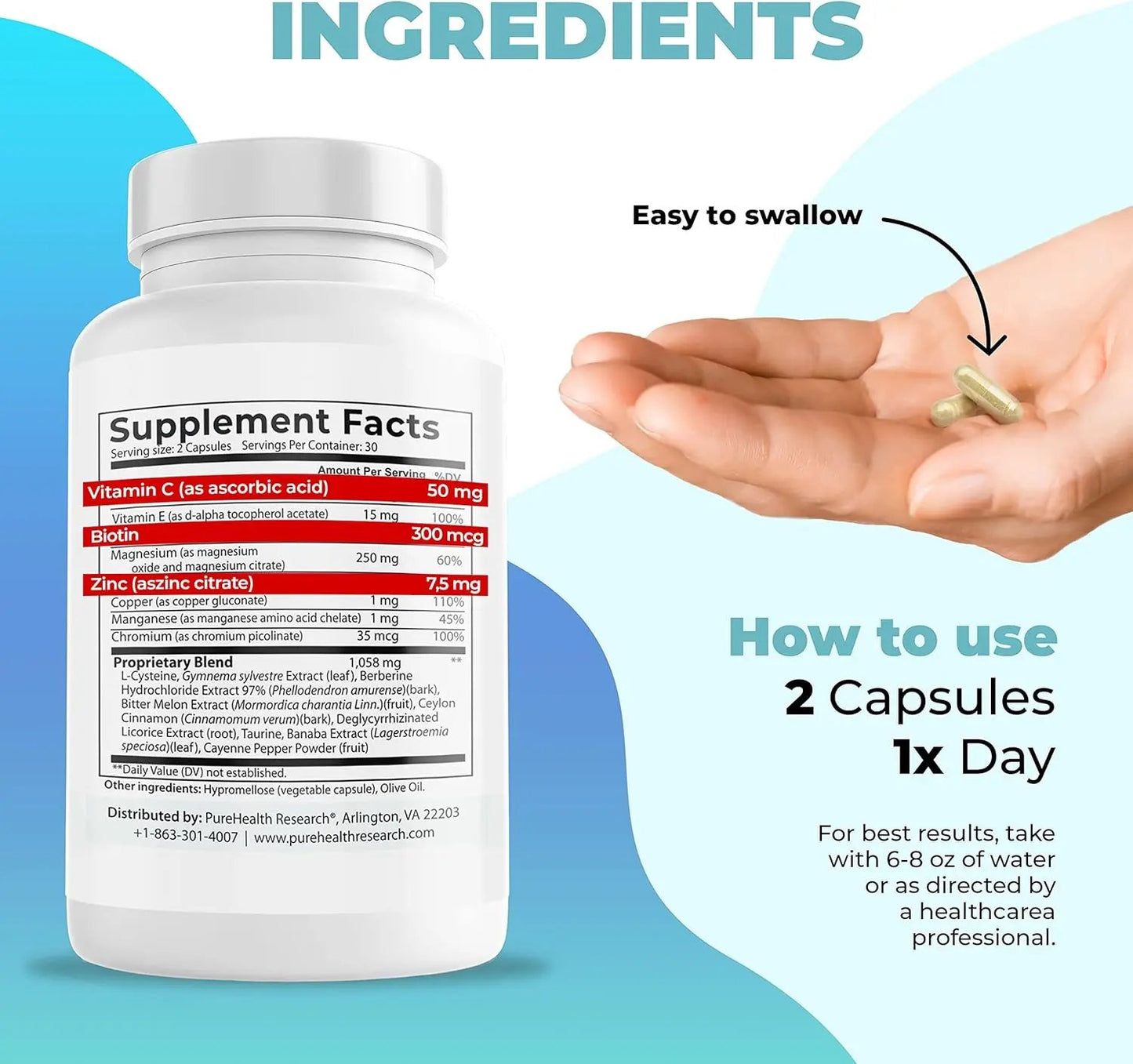 PUREHEALTH RESEARCH Glucose Balance Supplement - Blood Glucose Blend with Vitamin C, Magnesium, and Berberine for Men & Women, Increase Energy & Focus, Non-GMO, 60 Count PUREHEALTH RESEARCH