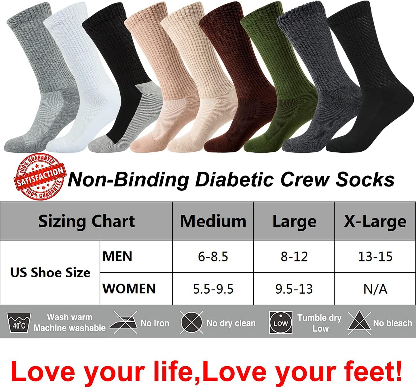 Well Knitting Loose Men's Diabetic Crew Socks,Non-Binding Top,Seamless Toe,Semi Cushion,Breathable Soft Coolmax Socks 4 Pairs