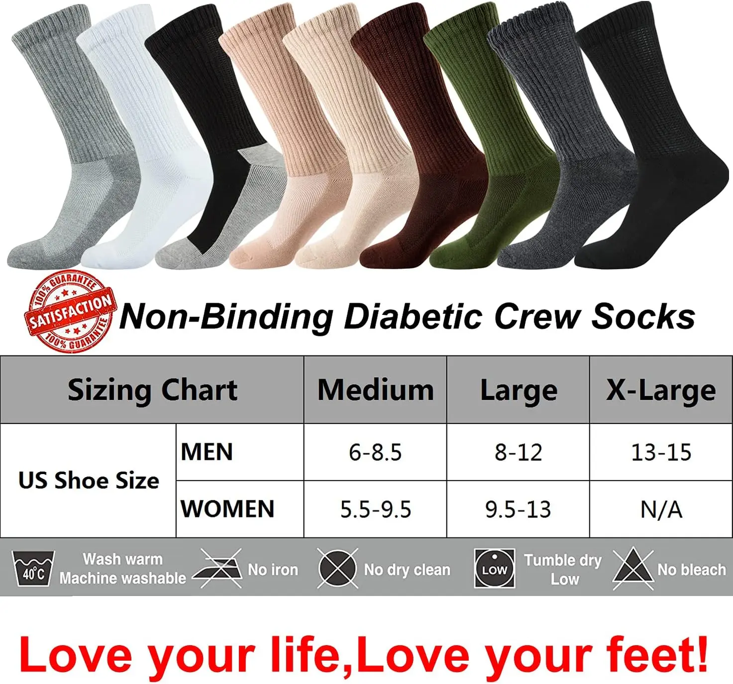 Well Knitting Loose Men's Diabetic Crew Socks,Non-Binding Top,Seamless Toe,Semi Cushion,Breathable Soft Coolmax Socks 4 Pairs Well Knitting