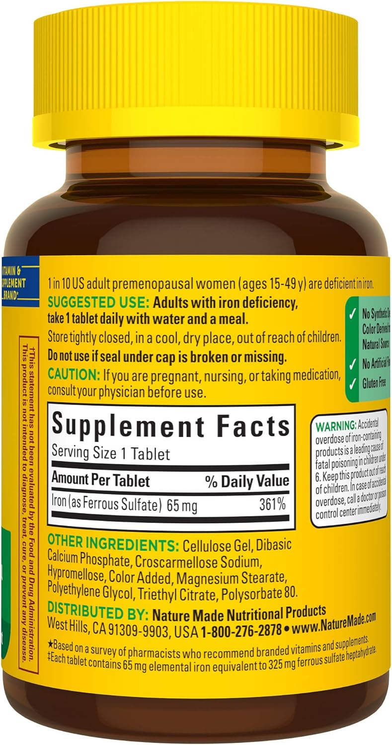 Nature Made Iron 65 mg (325 mg Ferrous Sulfate) Tablets, 365 Tablets, 365 Day Supply