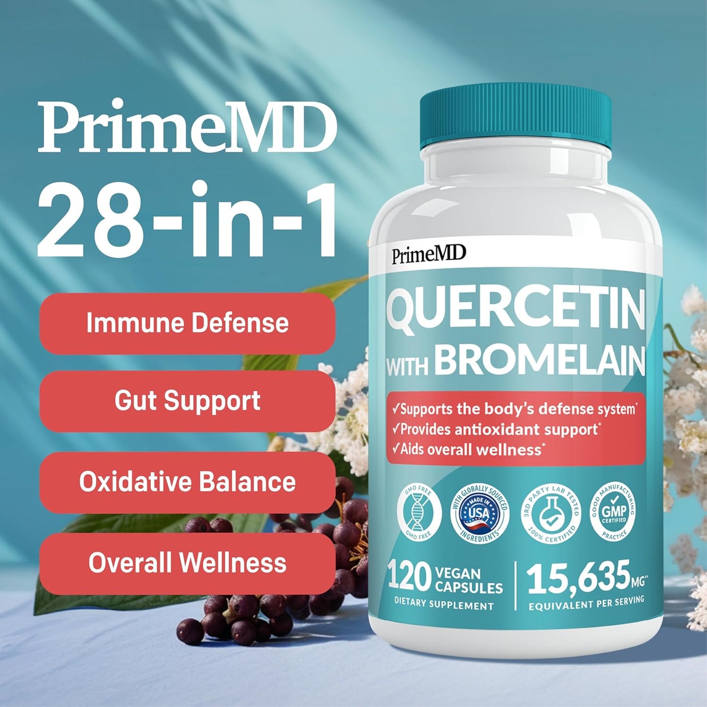 28-in-1 Quercetin with Bromelain Supplement - Quercetin 500mg Capsules for Daily Immune Defense Support - (120 ct)