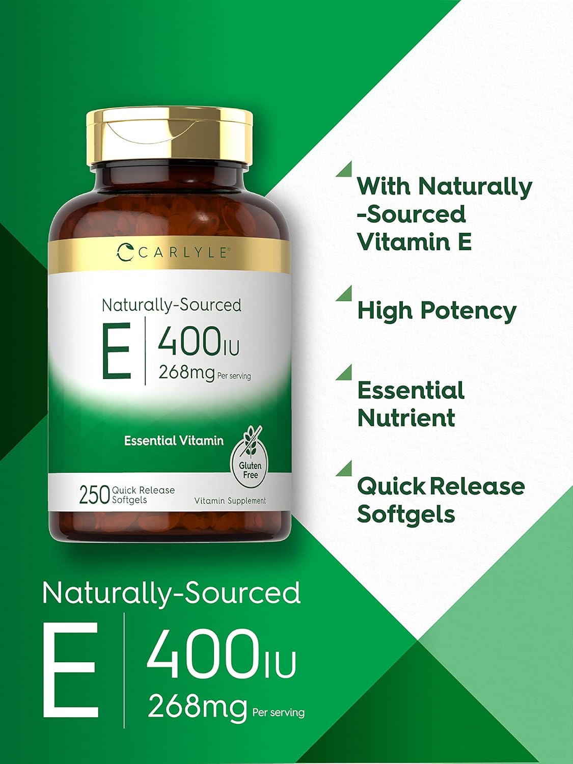CARLYLE Natural Vitamin E | 400 IU | 250 Softgels | Non-GMO & Gluten Free