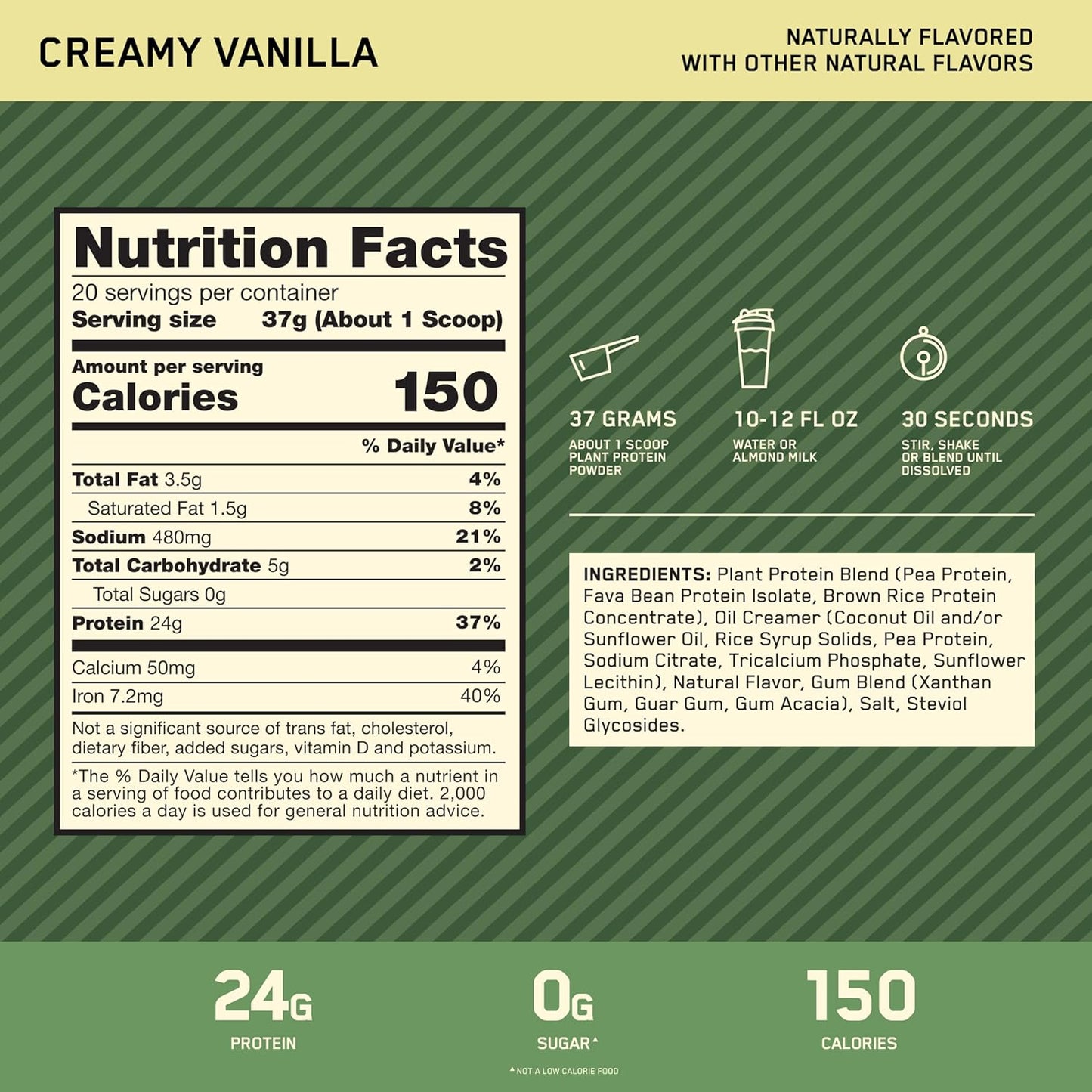 Optimum Nutrition Gold Standard 100% Plant Based Protein Powder, Gluten Free, Vegan Protein for Muscle Support and Recovery with Amino Acids - Creamy Vanilla, 20 Servings