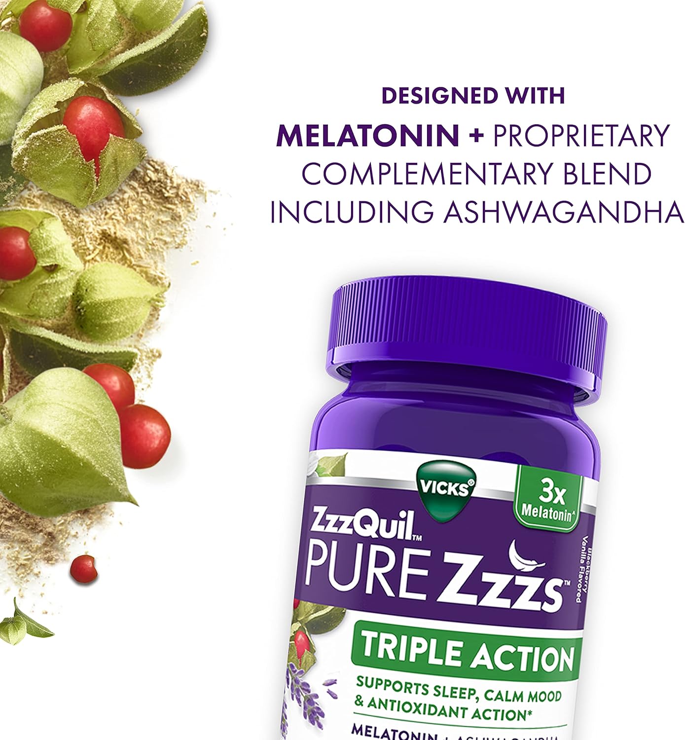 VICKS Triple Action, 6mg Melatonin Gummies, 3X Melatonin Sleep Aid with Ashwagandha, Calm Mood & Antioxidant Action, Sleep Aids for Adults