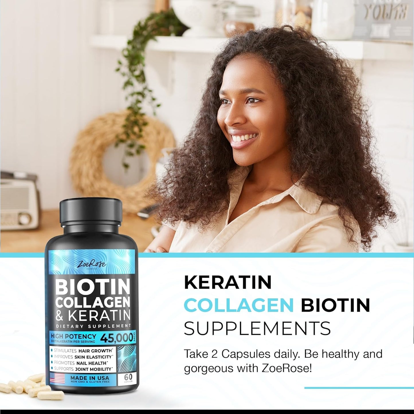 ZoeRose Biotin, Collagen & Keratin - Skin, Hair and Nails for Women - 60 counts
