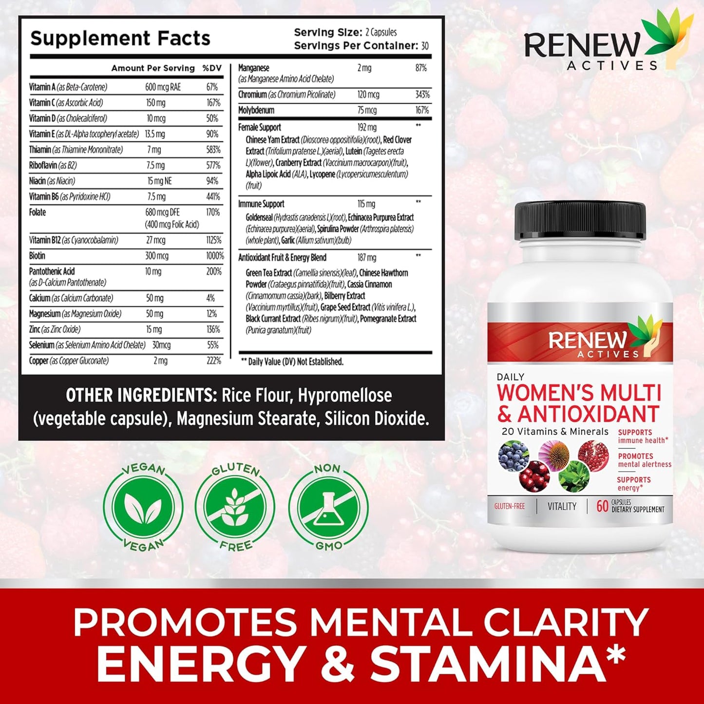 Renew Actives Women's Daily Vitamin & Antioxidant! We Deliver 100% of Your Daily Vitamin & Mineral Values to Bridge Your Nutrition Gap - Feel The Difference