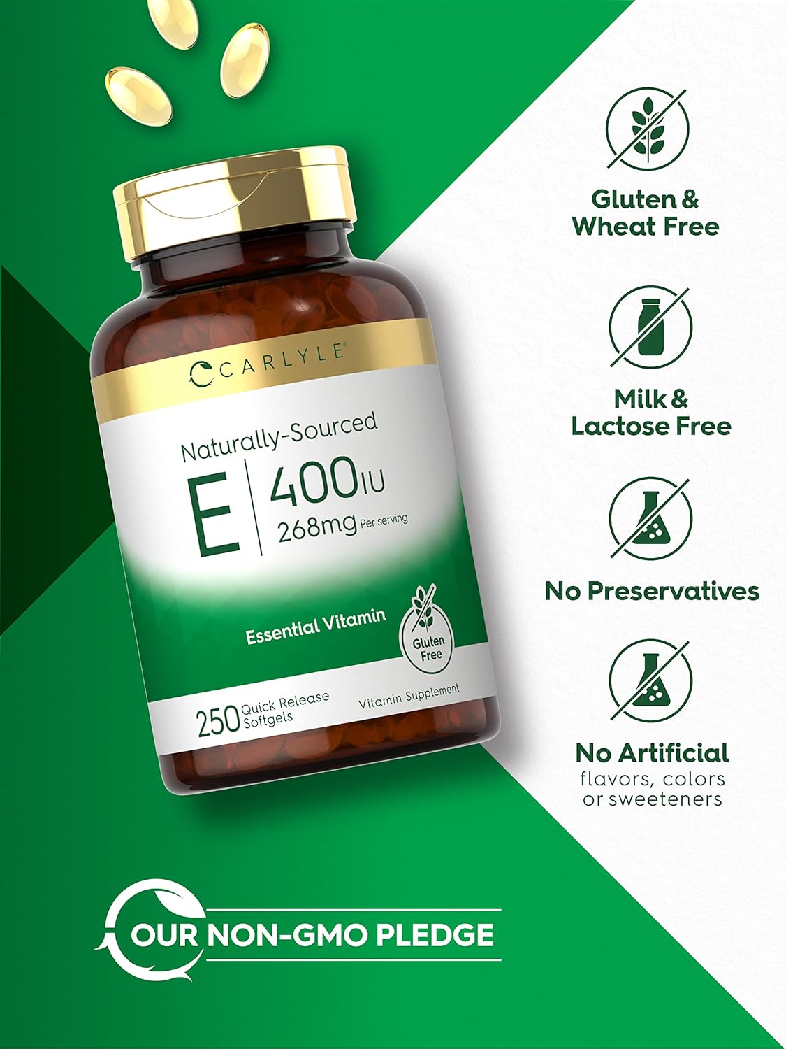 CARLYLE Natural Vitamin E | 400 IU | 250 Softgels | Non-GMO & Gluten Free