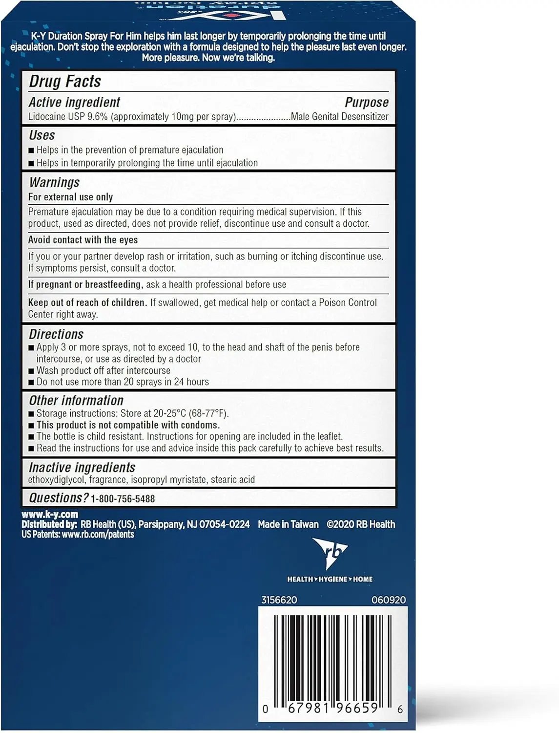K-Y Duration Spray 0.16 fl oz, for Men, Adult Couples, Lidocaine Numbing Male Genital Desensitizer to Last Longer, Pleasure Enhancer, 36 Sprays, No Mess Easy Application K-Y
