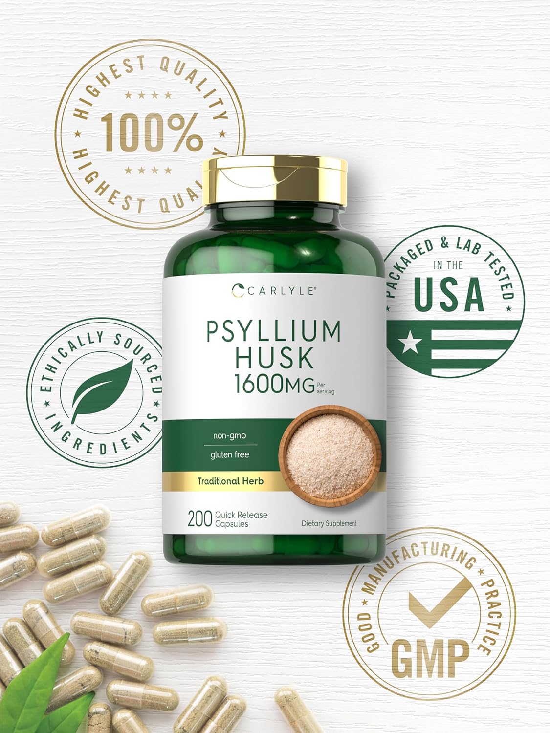 Carlyle Psyllium Husk Capsules 1530mg | 240 Caps | High Potency Fiber Supplement | Non-GMO, Gluten Free