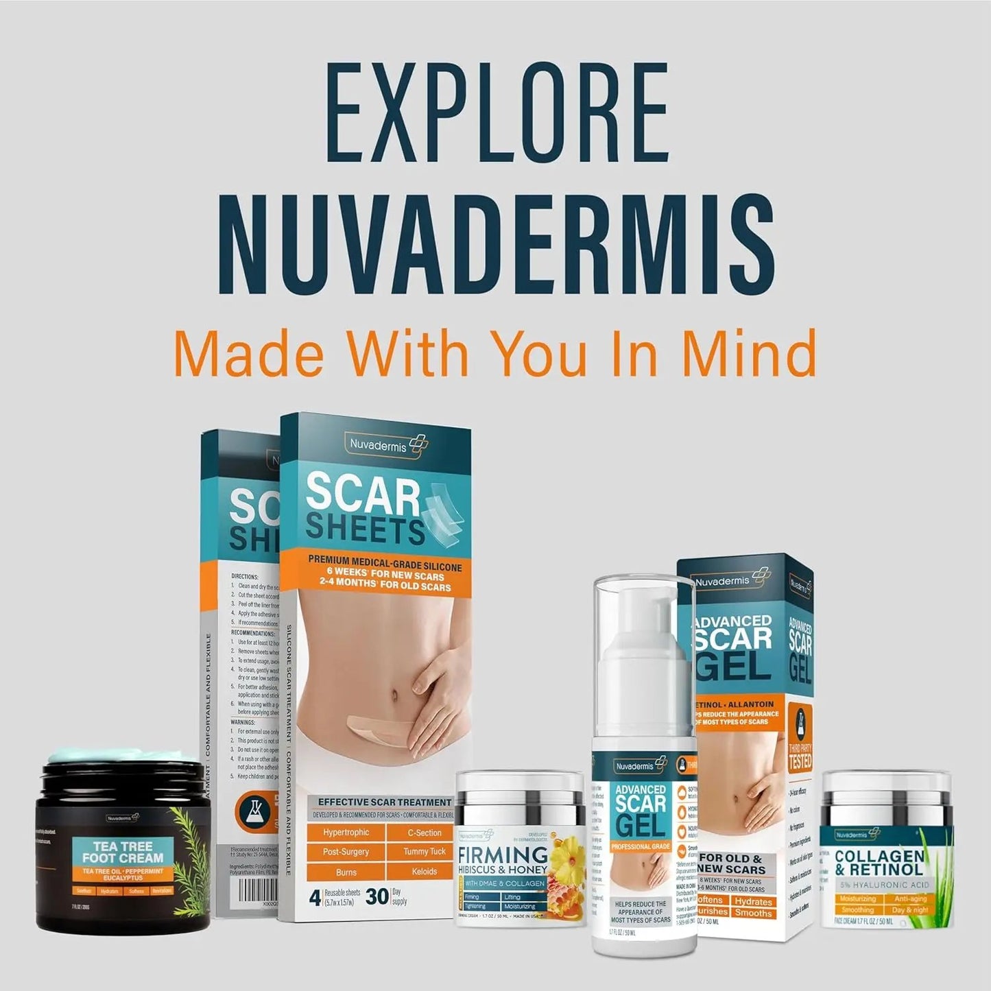 NUVADERMIS Scar Cream Gel - Retinol, Allantoin, Vitamin E, Betaine - C-Section, Tummy Tuck, Keloid, and Surgical Scars- Post Surgery Supplies - Surgical Scar Management - 1.7 oz Pump Bottle Vitamins Depots