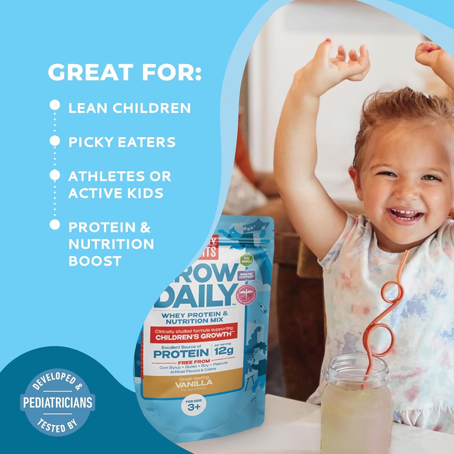 Healthy Height Grow Daily 3 Protein Powder (Vanilla) - Developed by Pediatricians - High in Protein Nutritional Shake - Contains Key Vitamins & Minerals