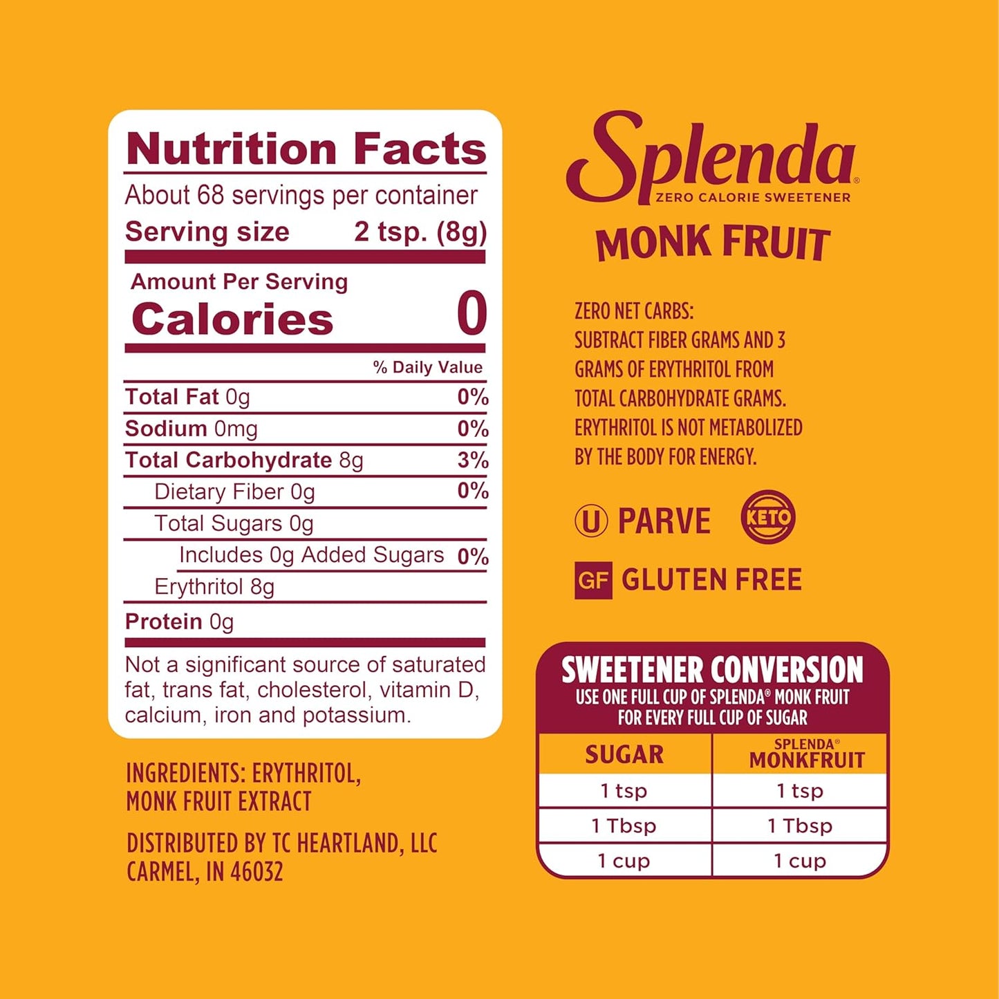 SPLENDA Monk Fruit Zero Calorie Plant Based Granulated Sweetener Jar, 19 oz