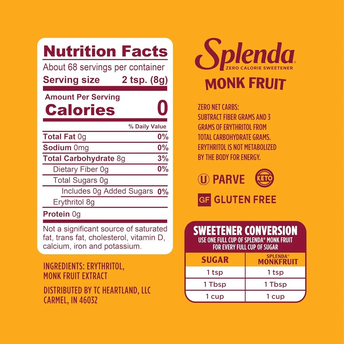 SPLENDA Monk Fruit Zero Calorie Plant Based Granulated Sweetener Jar, 19 oz Vitamins Depots