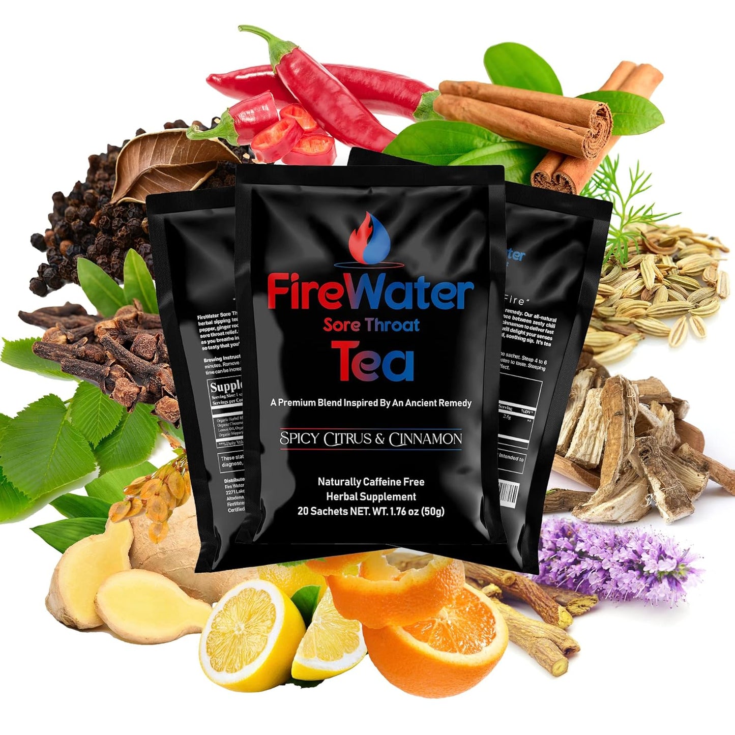 FireWater Sore Throat Tea - Organic Caffeine Free Herbal Tea, Relieves Sore Throats, Chronic Cough, Mucus, Sinus Congestion, Spicy Citrus and Cinnamon. - 20 Sachets