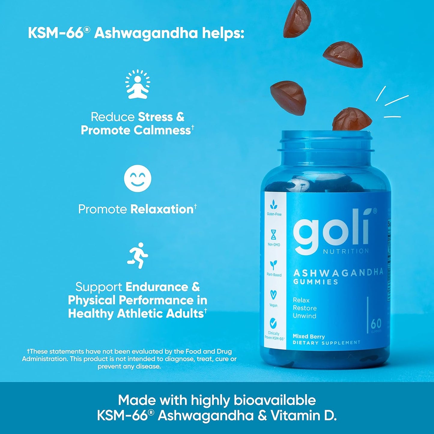 Goli Ashwagandha & Vitamin D Gummy - 60 Count - Mixed Berry, KSM-66, Vegan, Plant Based, Non-GMO, Gluten-Free & Gelatin Free Relax. Restore. Unwind