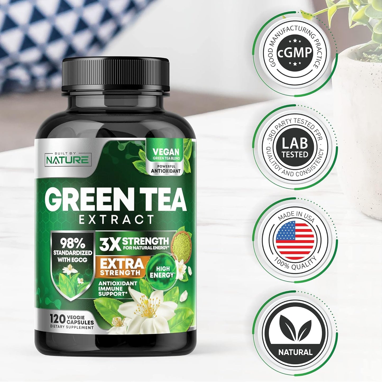Green Tea Extract Pills - Powerful Antioxidant Supplement - 98% Standardized EGCG 1000mg for Natural Energy with Polyphenols - Gentle Caffeine - 120 Capsules