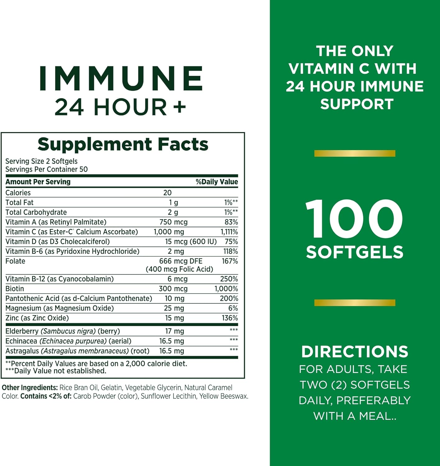 Nature's Bounty Vitamin C 24 Hour Immune Support with Zinc and Vitamin D, Daily Immune and Upper Respiratory Support, Ester Vitamin C 1000mg Capsules (Softgels), 100 Count