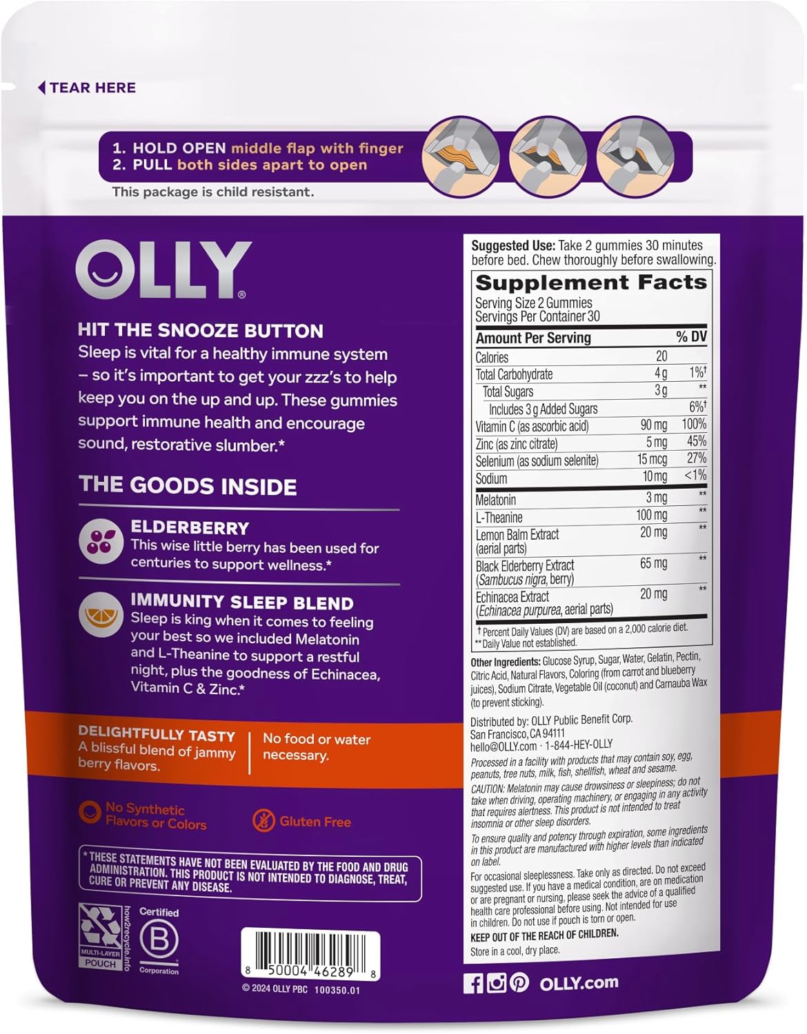 OLLY Immunity Sleep Gummy, Immune and Sleep Support, 3mg Melatonin, Echinacea, Zinc, Vitamin C, Chewable Supplement, Berry - 60 Count